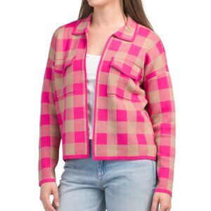 Buffalo Plaid Collared Lady Coat Structured Cardigan - Hot Pink & Tan Check XS
